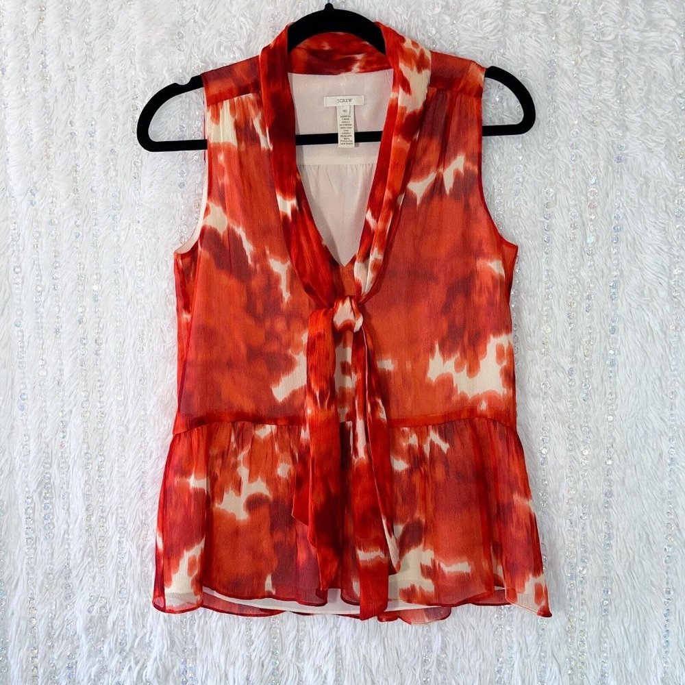 J CREW Sleeveless Silk Blouse Size 00 Tie Scarf Red Floating Rose Chiffon Peplum